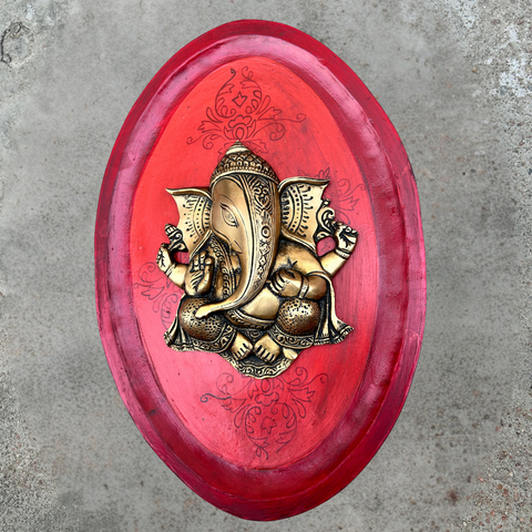 Red Wooden Art With Brass Ganesha