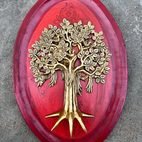 Red  Wooden Art With Brass Tree