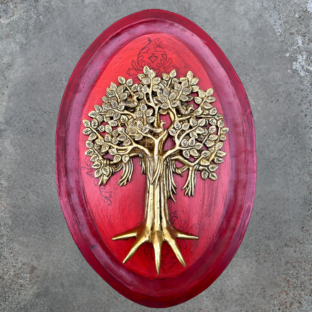 Red  Wooden Art With Brass Tree