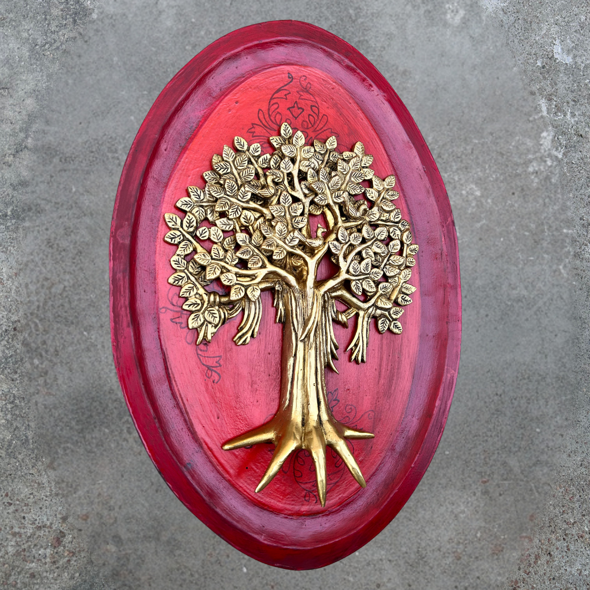 Red  Wooden Art With Brass Tree