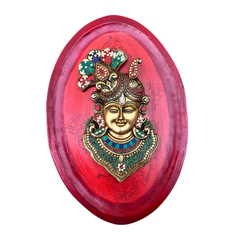 Red Wooden Art With Brass Krishna Face With Stonework