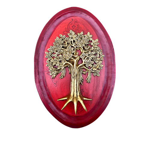 Red  Wooden Art With Brass Tree