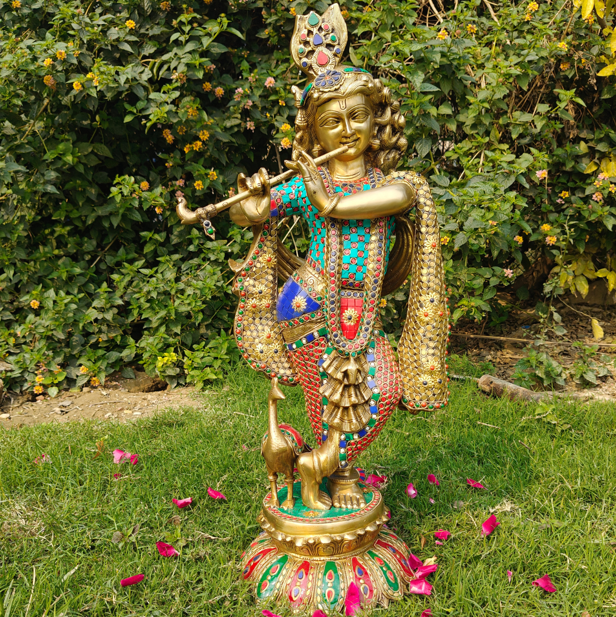 Stone Work Krishna statue With Flute On Lotus Base