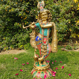 Stone Work Krishna statue With Flute On Lotus Base
