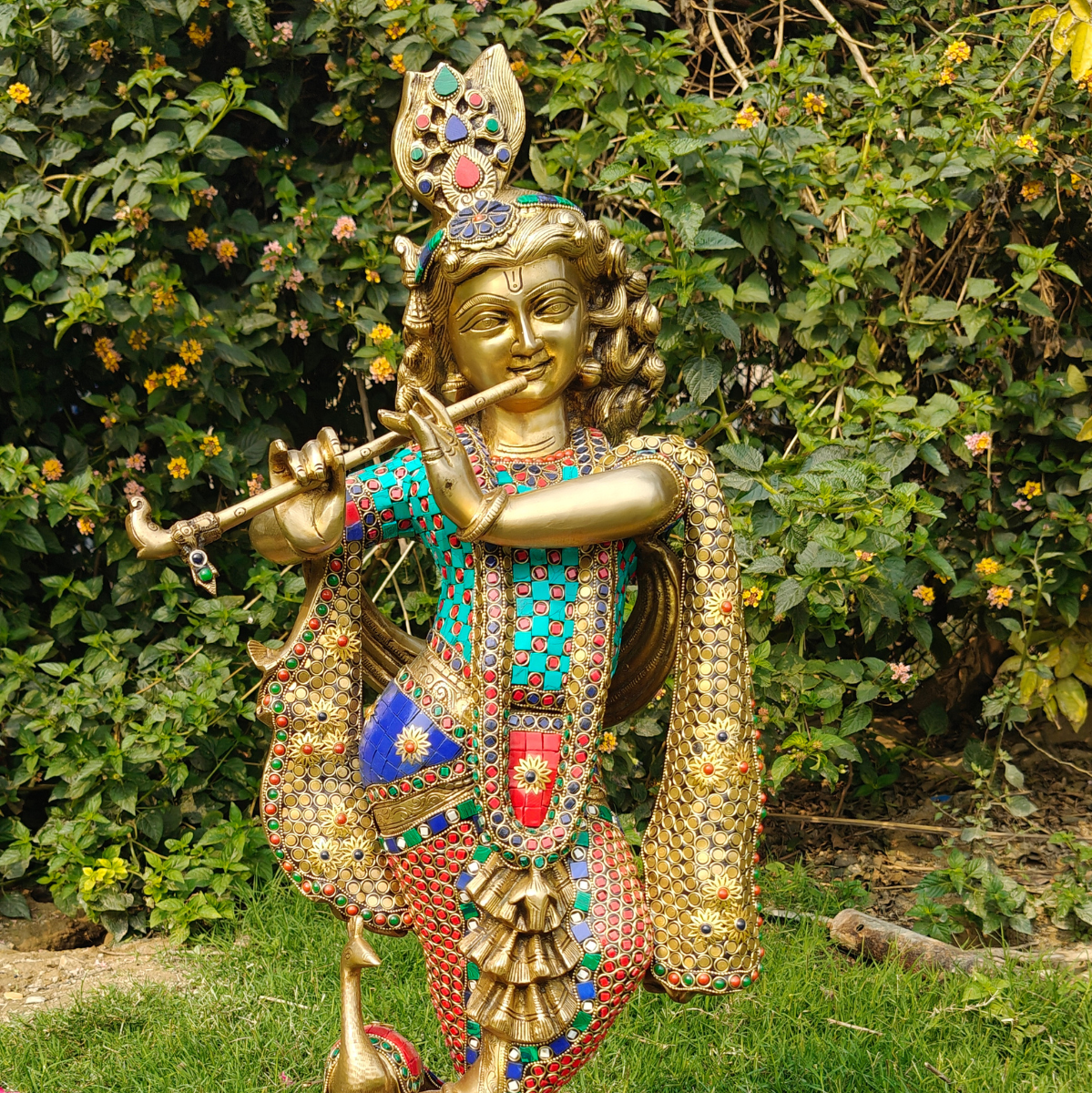 Stone Work Krishna statue With Flute On Lotus Base