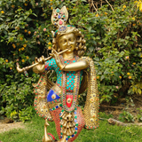 Stone Work Krishna statue With Flute On Lotus Base