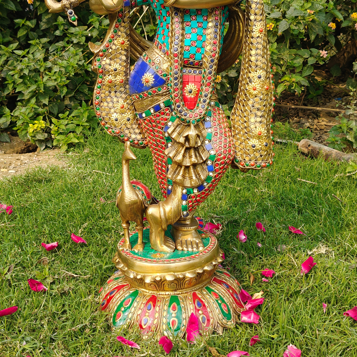Stone Work Krishna statue With Flute On Lotus Base
