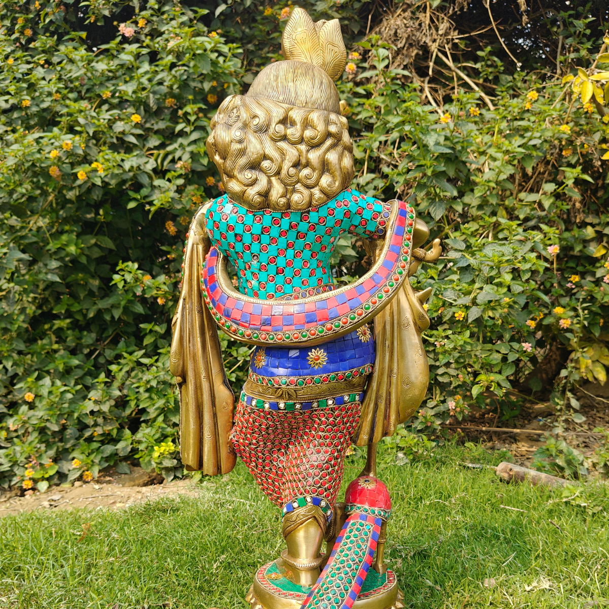 Stone Work Krishna statue With Flute On Lotus Base