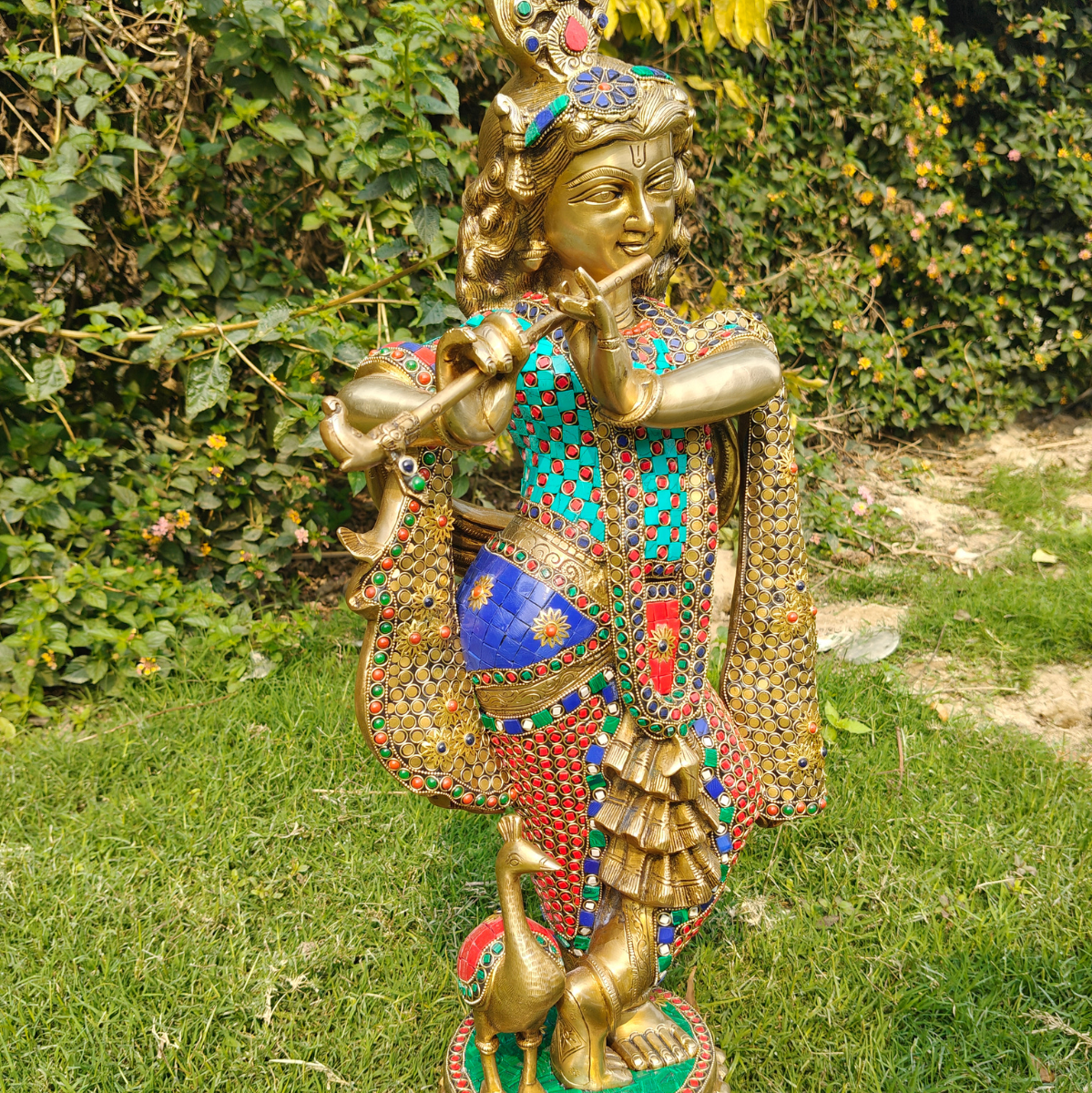 Stone Work Krishna statue With Flute On Lotus Base