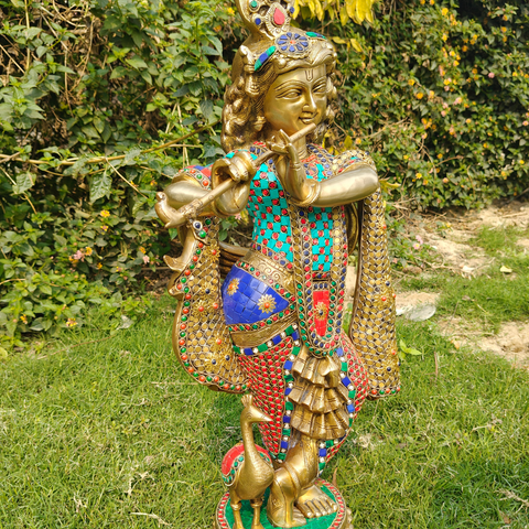 Stone Work Krishna With Flute On Lotus Base