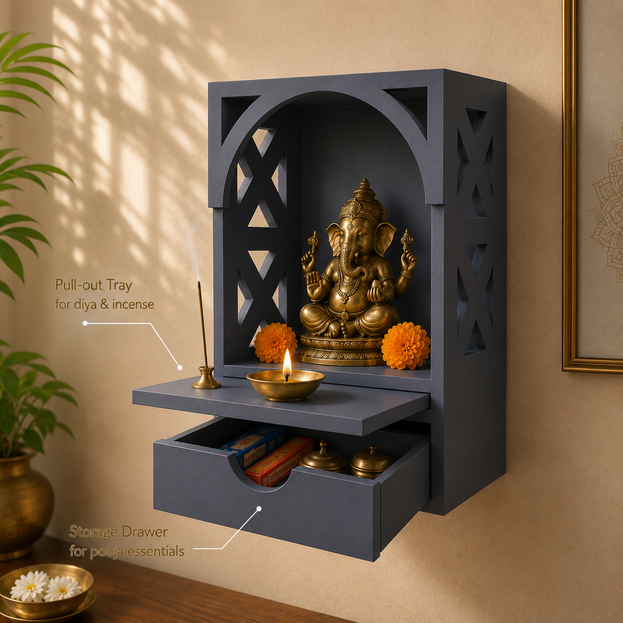 Arch Pooja Mandir with Drawer & Diya Tray Wooden at Home | 14.5 Inch