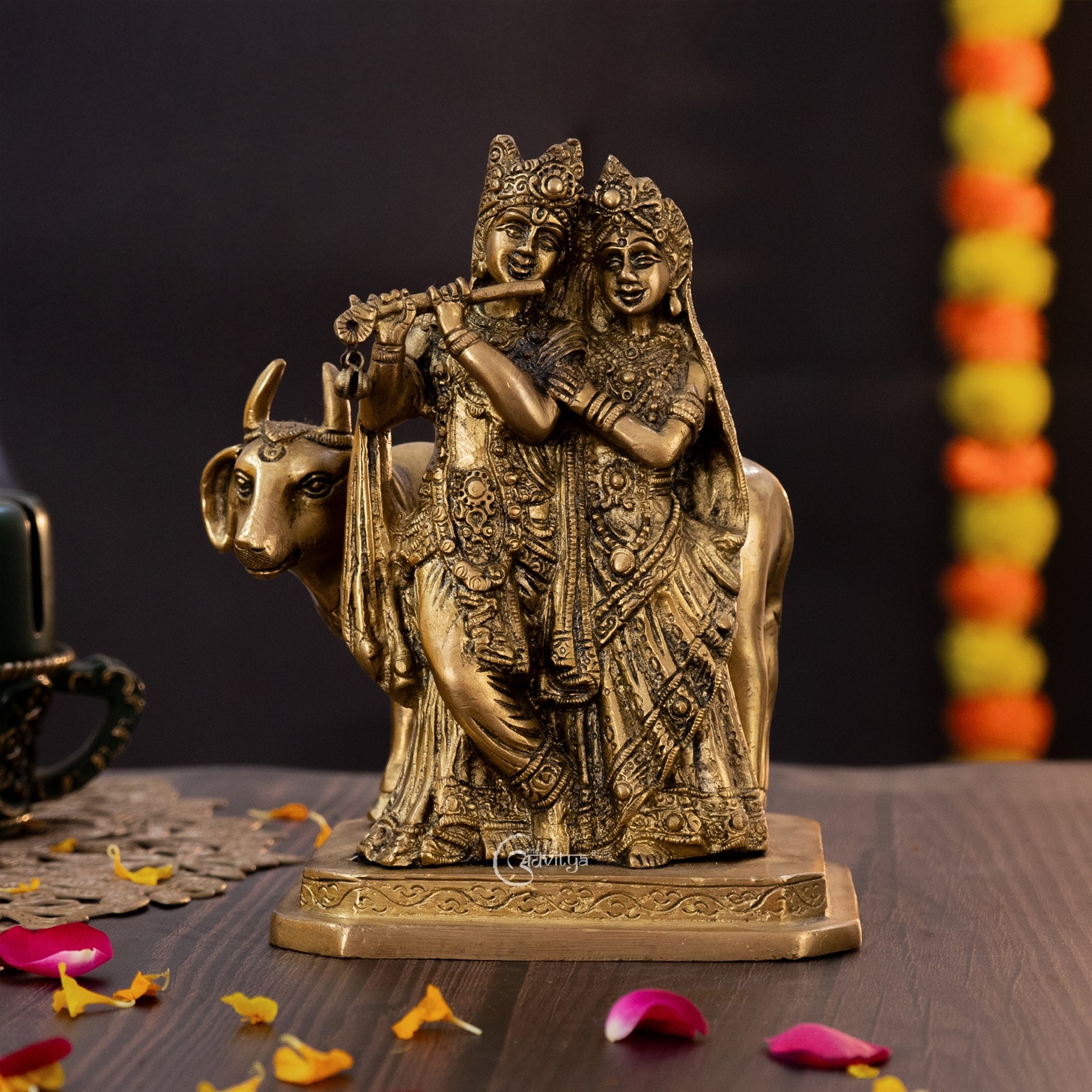 Radha Krishna Statue Divine Brass Pair with Cow
