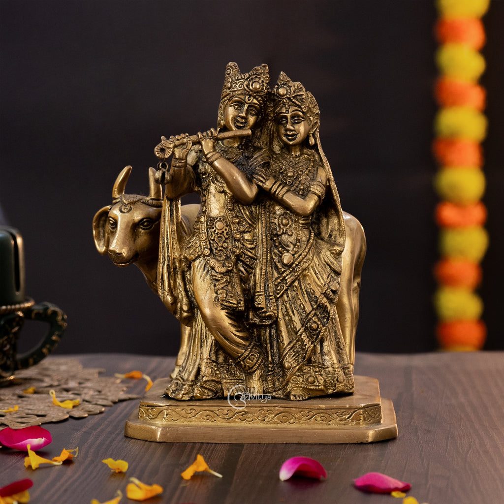 Radha Krishna Divine Brass Pair with Cow