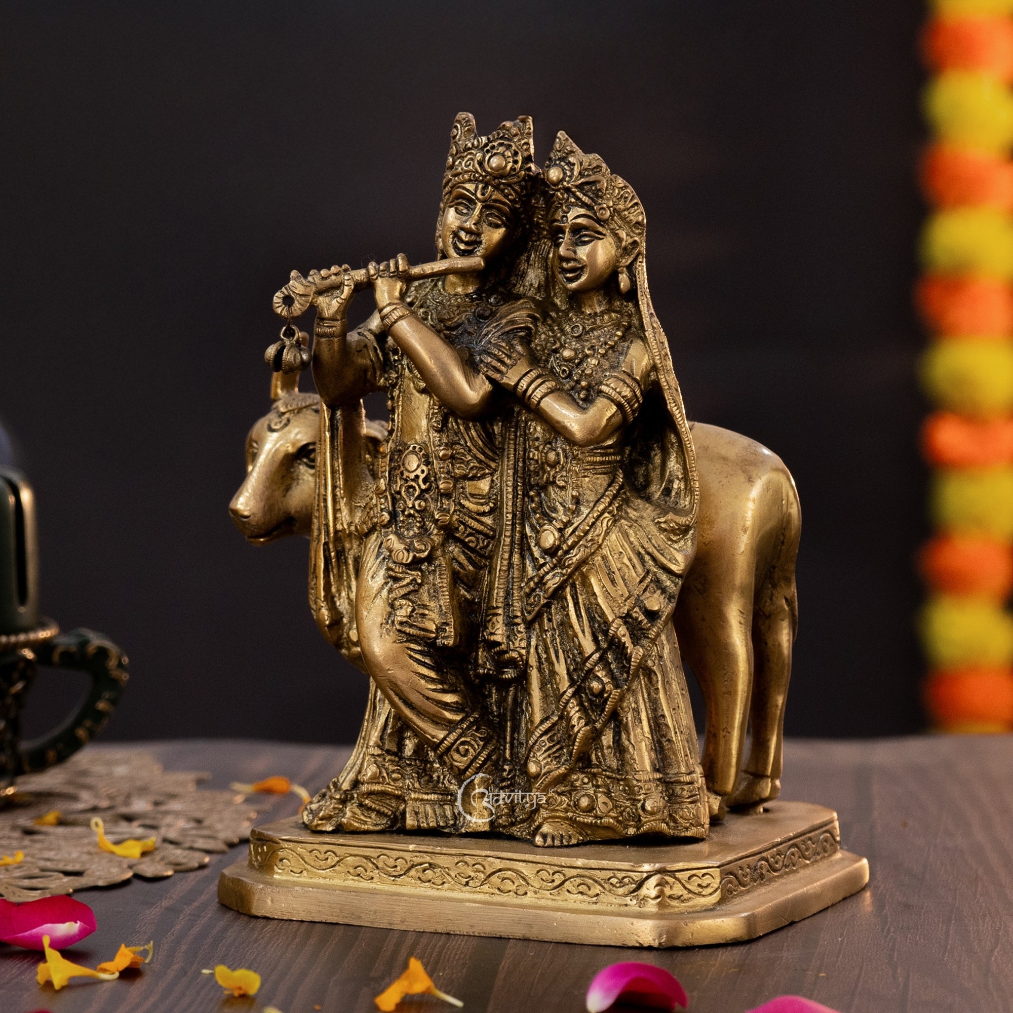 Radha Krishna Statue Divine Brass Pair with Cow