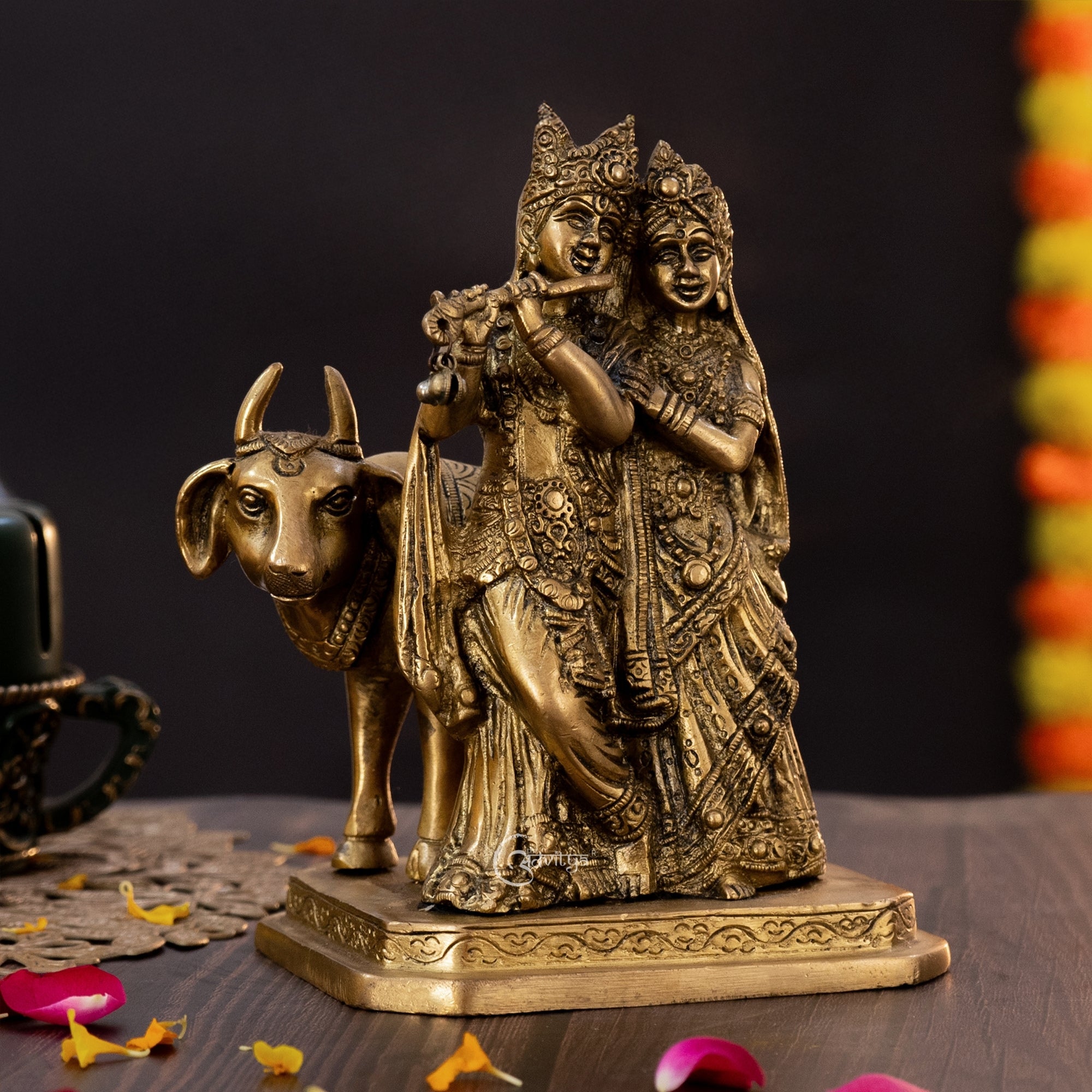 Radha Krishna Statue Divine Brass Pair with Cow