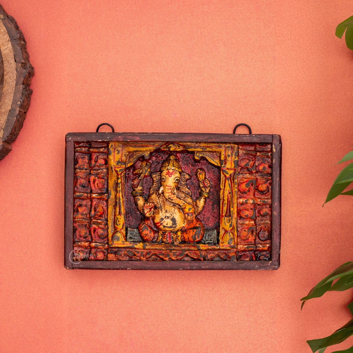 Wooden Ganesha Wall Decor Panel with Vintage Finish  (Multicolor)