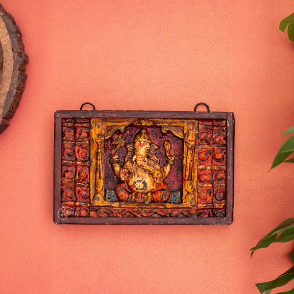 Wooden Ganesha Wall Decor Panel with Vintage Finish  (Multicolor)