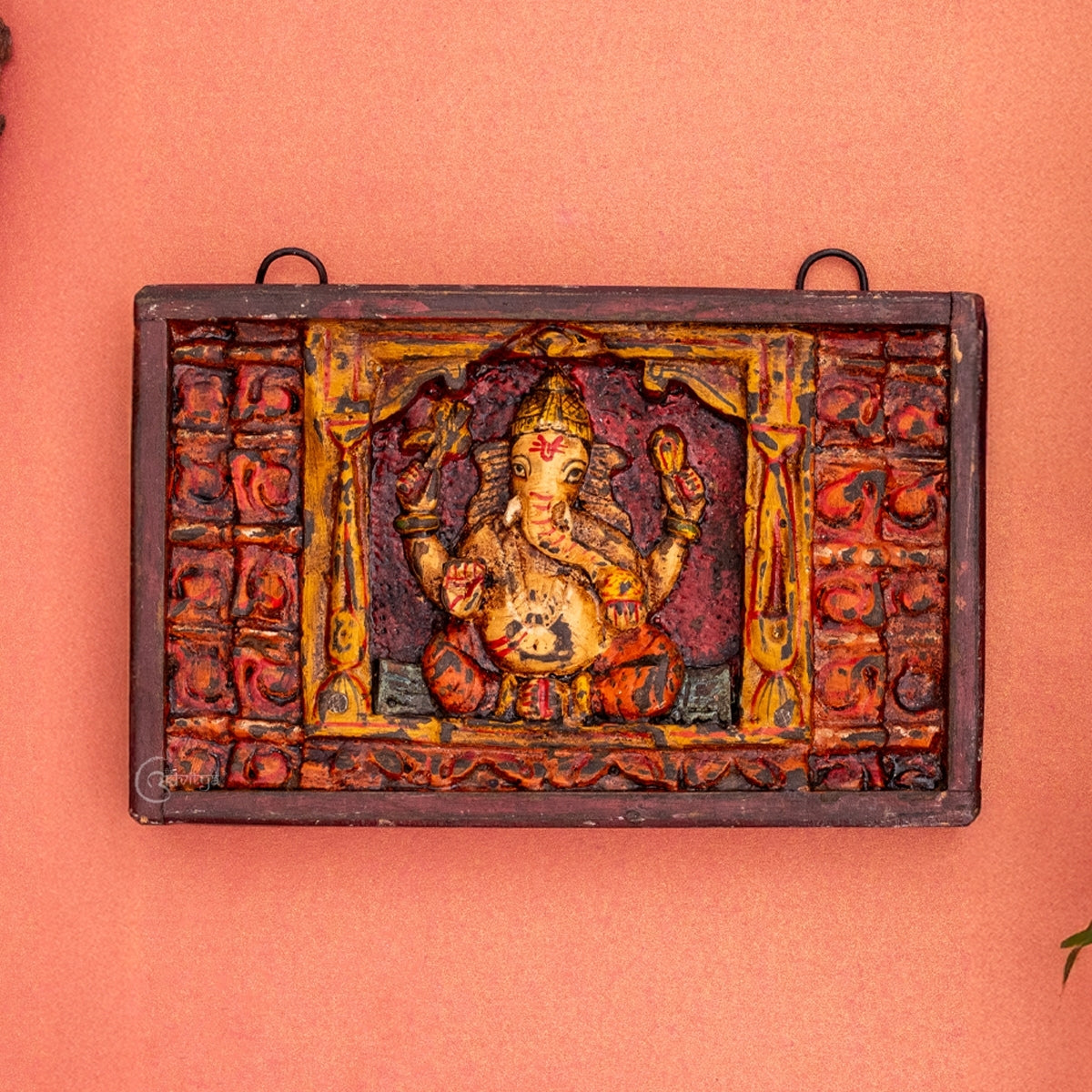 Wooden Ganesha Wall Decor Panel with Vintage Finish  (Multicolor)