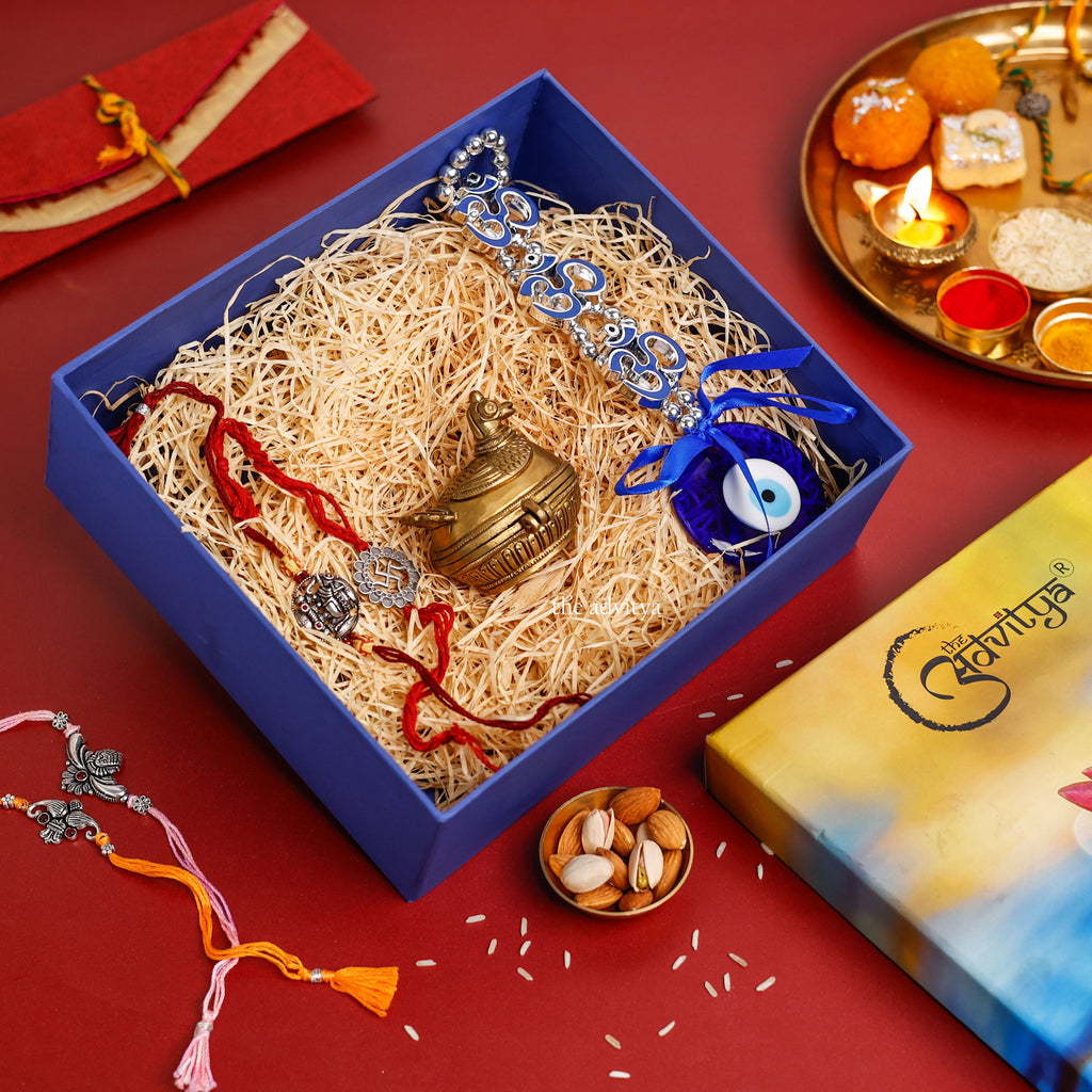 rakhi gifting,rakhi hamper,rakhi special colection,2 Rakhis with Peacock Box and Hanging Evil Eye