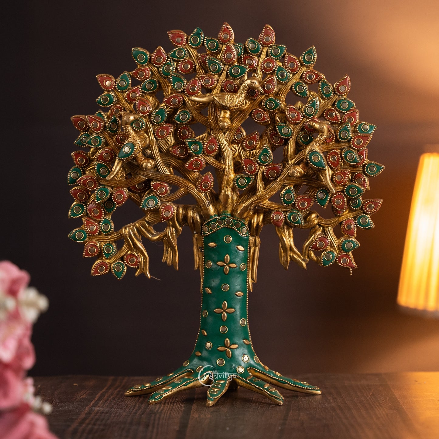 Brass Kalpavriksha Tree Table Décor with Stonework