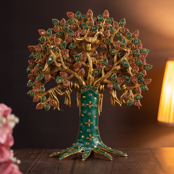 Brass Kalpavriksha Tree Table Décor with Stonework
