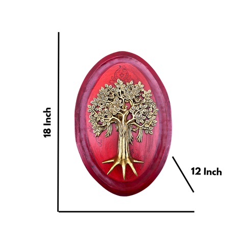 Red  Wooden Art With Brass Tree