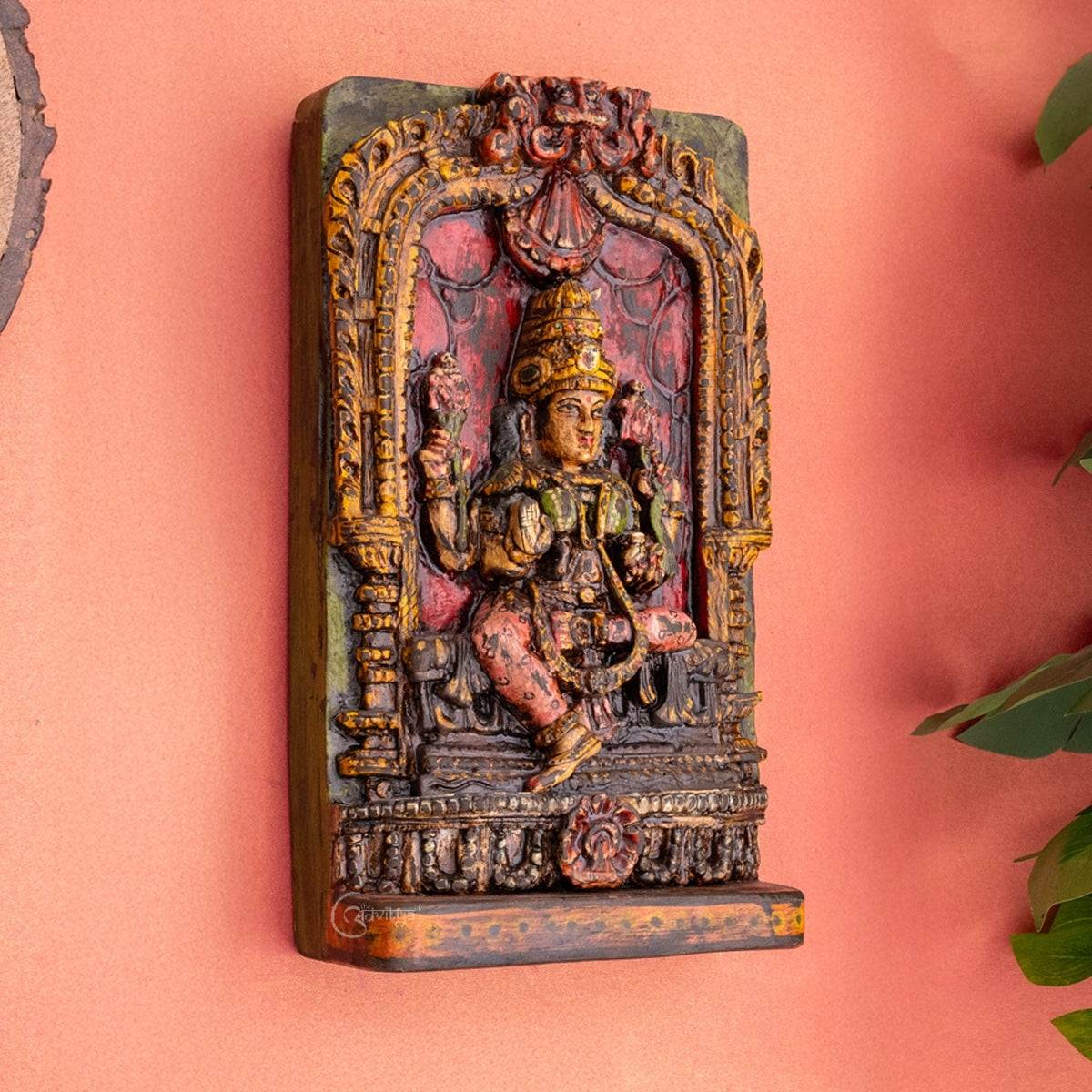 Wooden Laxmi Carved Panel  (Multicolor)