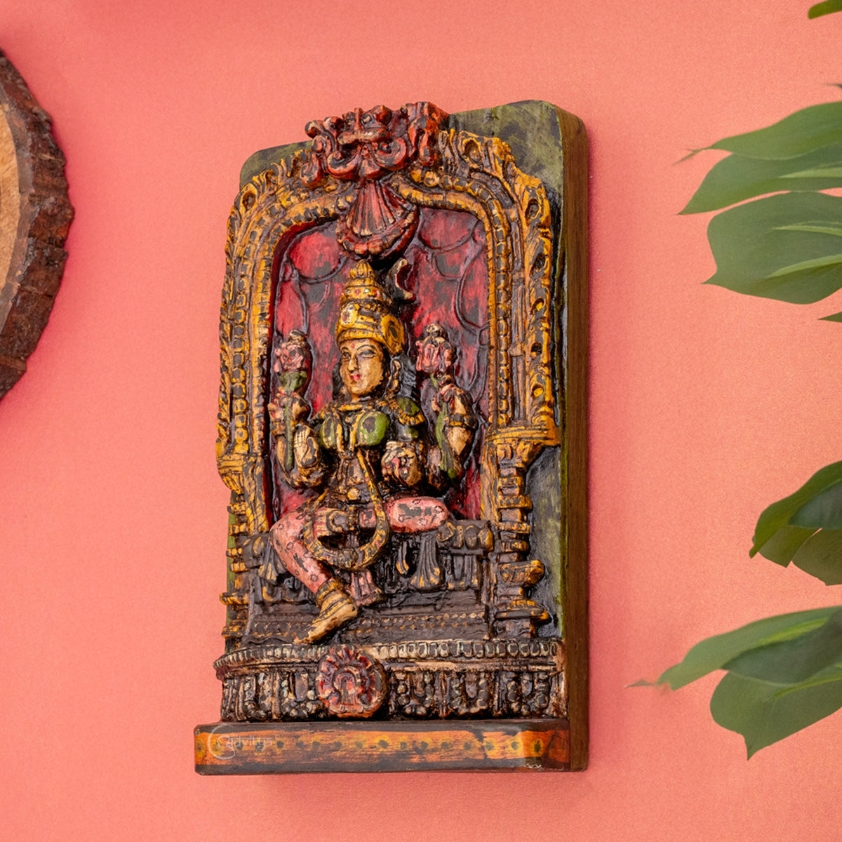 Wooden Laxmi Carved Panel  (Multicolor)