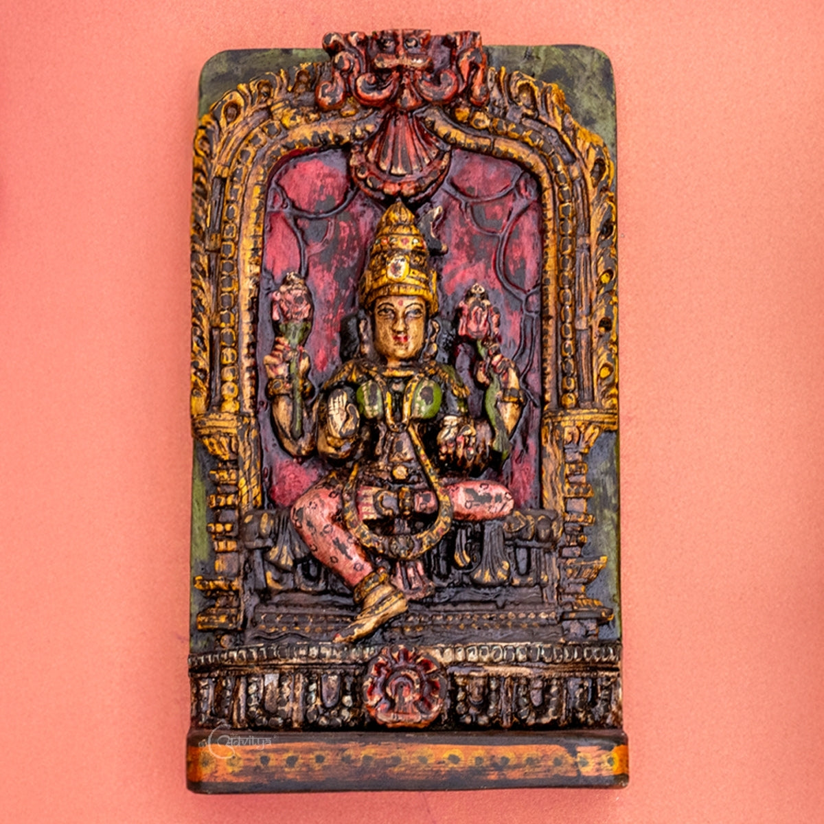 Wooden Laxmi Carved Panel  (Multicolor)