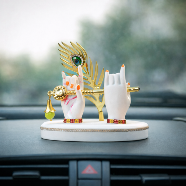 Marble Krishna Hand Statue in White with Flute and Morpankh