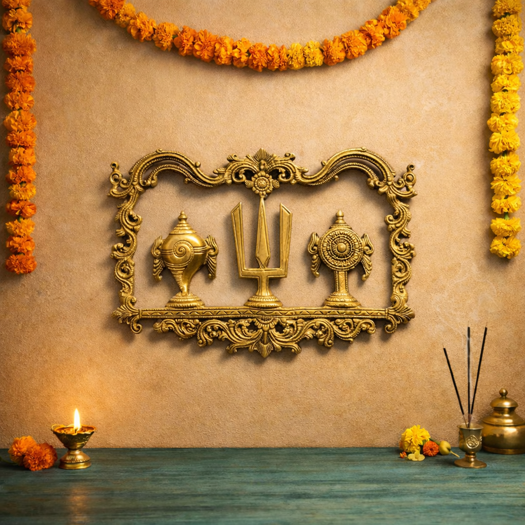 Vaishnav Tilak with Shankh Chakra Brass Wall Hanging Decor | 12.5 inches