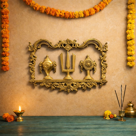 Vaishnav Tilak with Shankh Chakra Brass Wall Hanging Decor | 12.5 inches