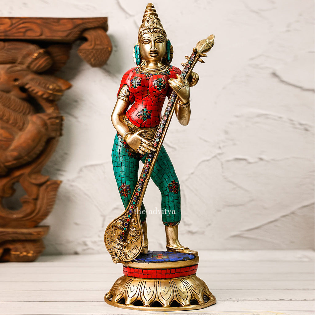 Vidyadati,saraswati,vanda devi,Saraswati Mata,Brahmani,Hansvahini,vinavadni,Brass Mosaic Standing Saraswati Strums on her Veena