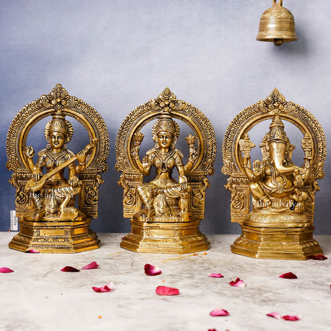 Brass Ganesh Lakshmi Saraswati on High Base Large