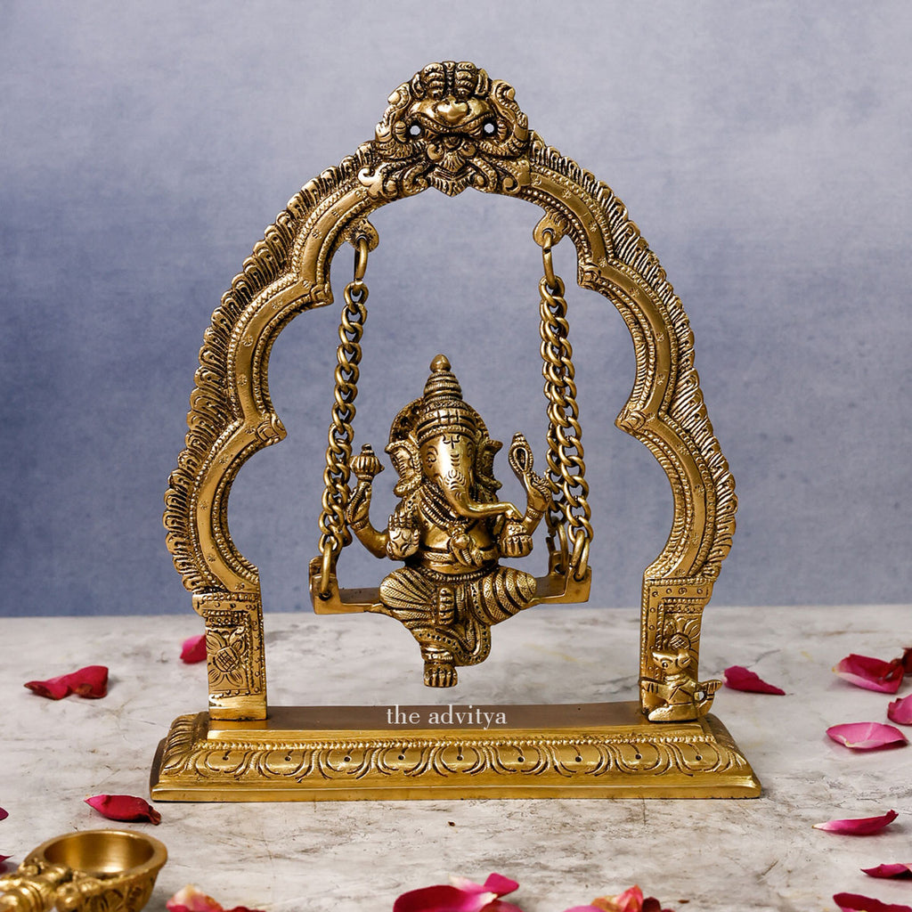 Ganesha,Ganepati,Ganasha,Ganapati,Gajanand,Gajananaa,Gajanana,Ekadanta,Brass Yali Jhula With Ganesha Sitting On It