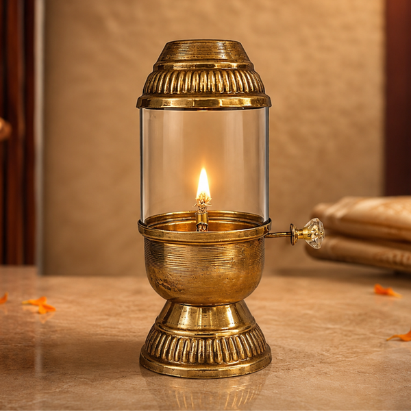 Elegant Brass Oil Akhand Jyot Diya With Adjustable Bati ( Medium, 180 ml Capacity )