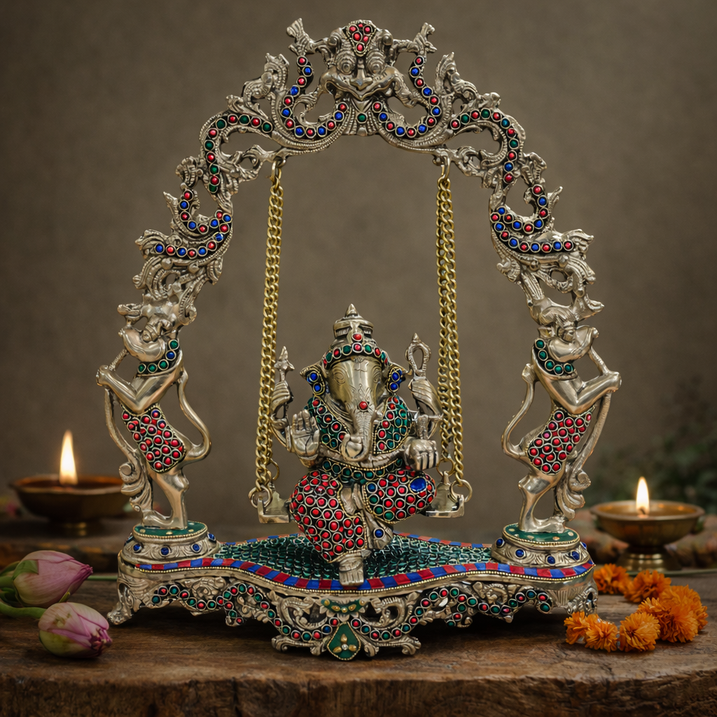 Ganesh on Jhula/Swing | Stonework Finishing | Brass Make| Decor & Gifting | 17.5 Inches