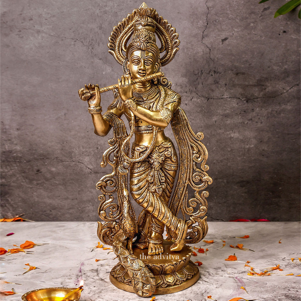 Vasudeva,Shyam,Nandakishore,Murari,Madhva,Mukunda,Keshava,Hary,Hari,Govnda,Brass Krishna Standing On Lotus 