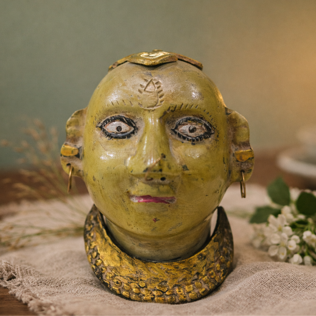 Gauri Mukha (Devi Face) Tribal Sculpture in Brass Antique Finish | 5.5 Inch