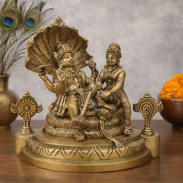 Shri Laxmi Narayan Idol on Sheshnaag in Brass Finish for Home Temple & Decor | 8.8 Inch