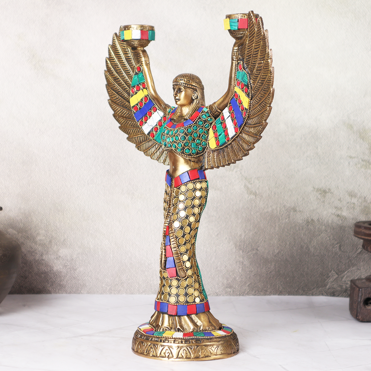 Vintage Egyptian Goddess Candle Stand With Mosaic Work