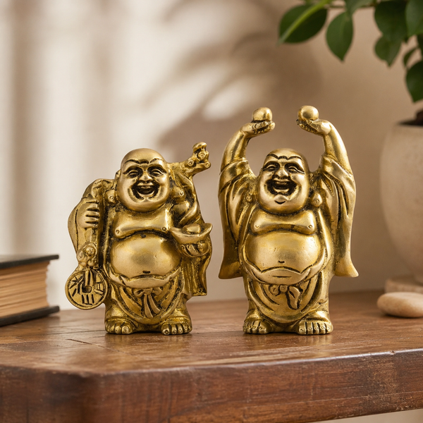 Brass Laughing Buddha Murti Pair for Prosperity & Positive Energy