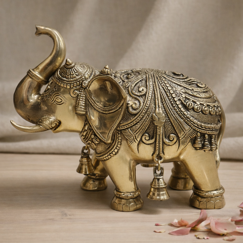 Elephant Idol in Brass Finish for Decor & Gifting | 14 X 11.5 Inches