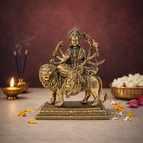 Durga on Lion Superfine Brass Statue for Puja & Home Decor | 4.5 Inch