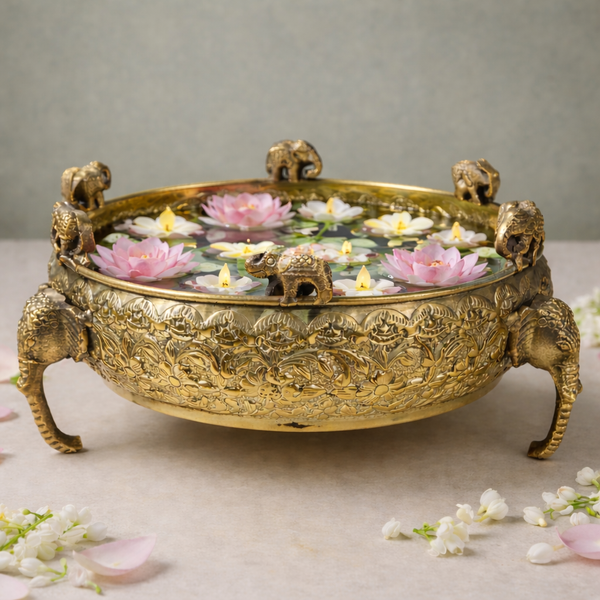 Elephant Face Urli | Brass Bowl for Decor & Gifting | Lightweight | Floral Detailing | 8 X 4 Inches