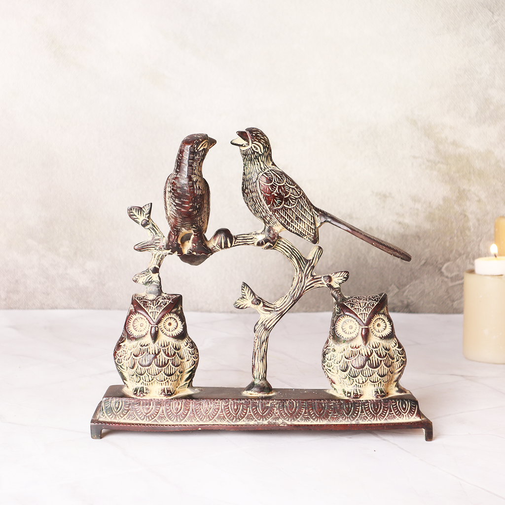 Antique Brass Bird Pair Sitting On Branch  With Two Owls