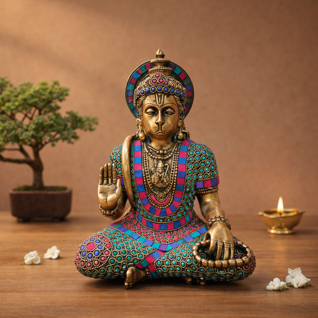 Hanuman's Abhaya Mudra Murti in Brass with Stonework | 11.5 inches