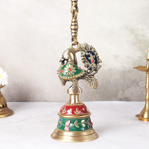 Brass Peacock Temple Hanging Bell With Mosaic Work