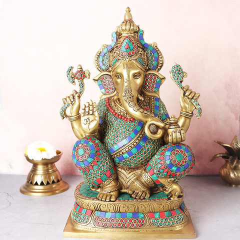 Brass Ganesha Crown-Statue With Mosaic Work