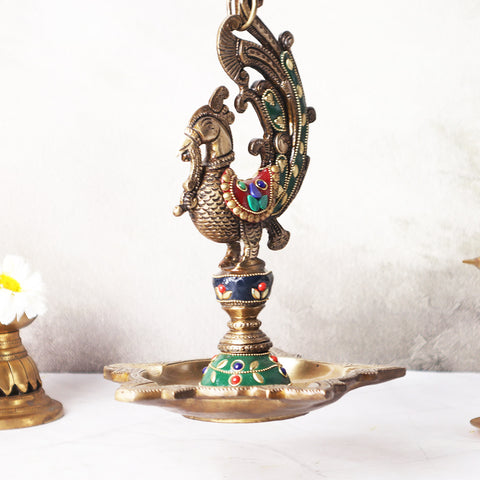 Brass Sparrow Hanging Diya in Mosaic Work